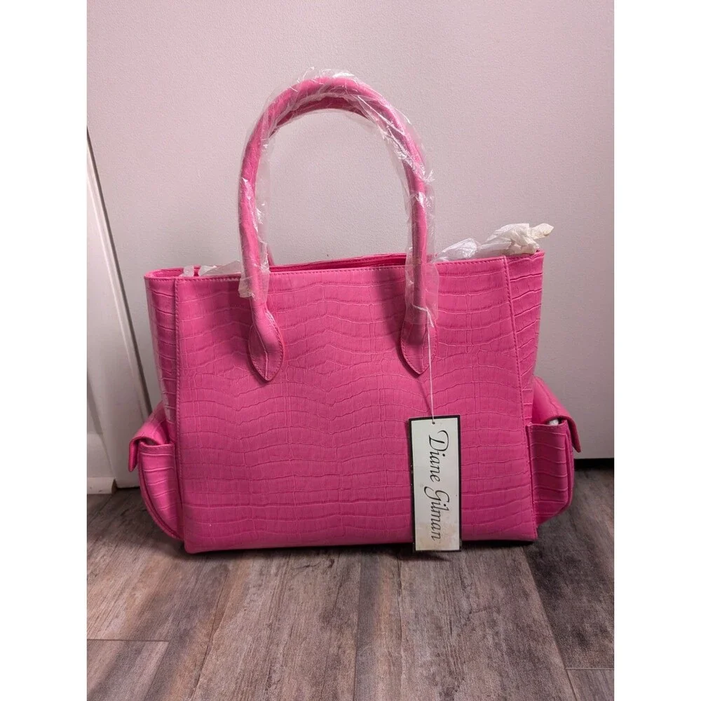 NWT NEW Diane Gilman Tote Faux Crocodile Leather Hot Pink XL Tote Bag Purse - Picture 2 of 13
